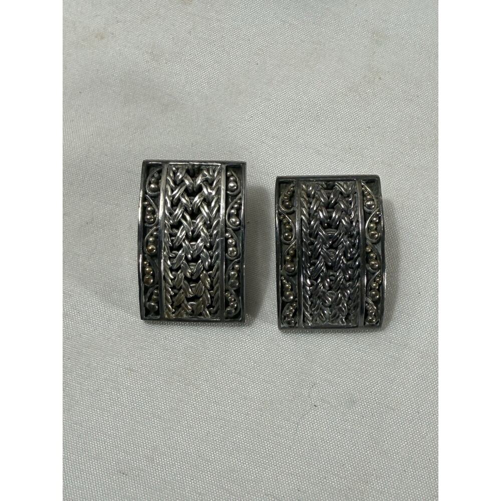 VINTAGE LOIS HILL STERLING SILVER RECTANGLE BRAIDED BEAD OMEGA CLIP-ON EARRINGS